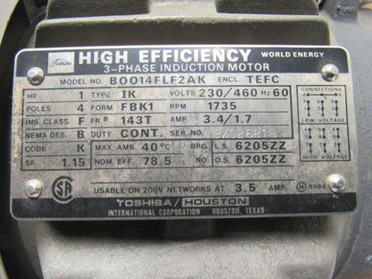 Toshiba  B0014FLF2AK 1HP 3PH 230/460V 1735RPM Electric Motor