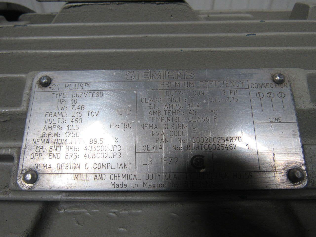 Siemens RGZVTESD PE 21 PLUS 10HP 3PH 460V 1750RPM Mill & Chemical Electric Motor