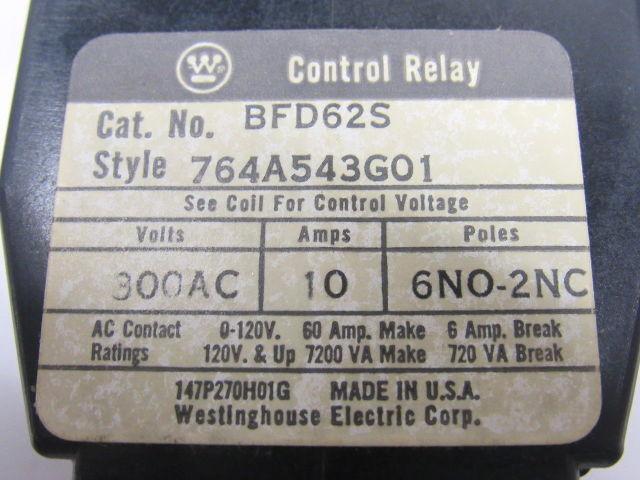 Westinghouse BFD62S BFD Control Relay 300V 6 NO & 2 NC Poles 120 V Coil