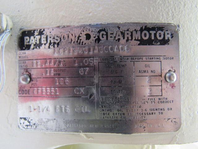 Paterson NC219NC1AG00A06 25.44:1 Ratio Gearmotor 115VDC 1725RPM IN 67RPM OUT