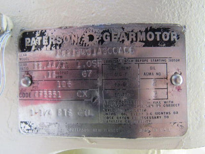 Paterson NC219NC1AG00A06 25.44:1 Ratio Gearmotor 115VDC 1725RPM IN 67RPM OUT
