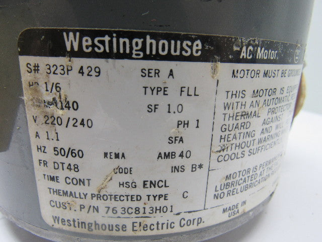 Westinghouse 323P 429 1/6HP 1PH 220/240V 1140RPM Electric Motor