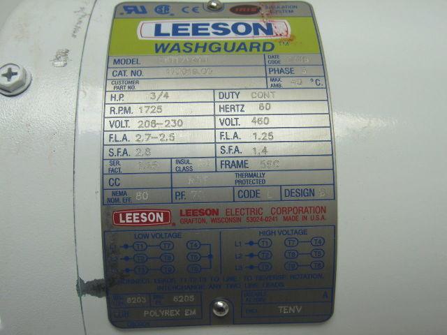 Leeson Electric C6T17VC1J 3/4 HP 3PH 1725RPM Electric WashGuard Motor
