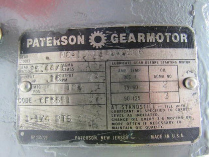 Paterson NC219NC1AG00A06 25.44:1 Ratio Gearmotor 115VDC 1725RPM IN 67RPM OUT