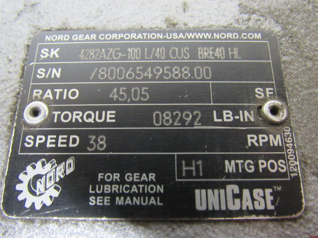NORD UNICASE 4282AZG-100 L/40 CUS BRE40 HL Parallel Shaft Gear Reducer & Motor