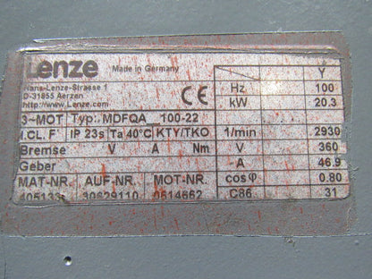 LENZE MDFQA 100-22 100Hz Asynchronous Servo Motor Professionally Refurbished