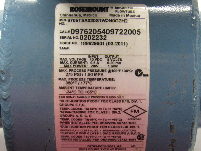 Rosemount 8705TSA030S1W0N0G2H2 3" Magnetic Flow Tube Flanged Sensor