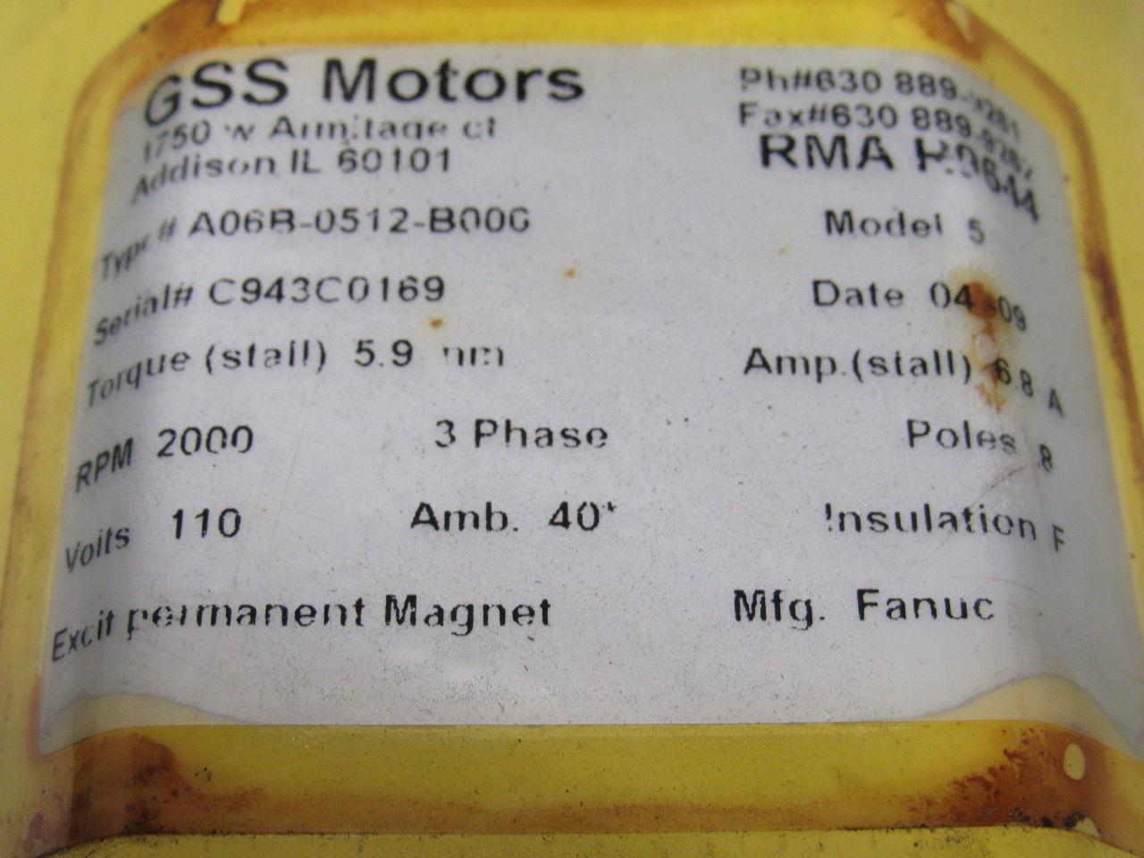 Fanuc A06B-0512-B000 Model 5 AC Servo Motor 110V 3PH 2000 RPM 8 Pole