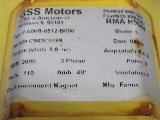 Fanuc A06B-0512-B000 Model 5 AC Servo Motor 110V 3PH 2000 RPM 8 Pole