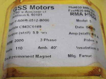 Fanuc A06B-0512-B000 Model 5 AC Servo Motor 110V 3PH 2000 RPM 8 Pole