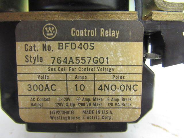 Westinghouse BFD40S BFD Control Relay 300 V Fixed Contacts 120 V Coil 4 NO Poles