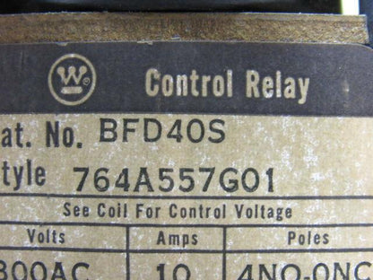 Westinghouse BFD40S BFD Control Relay 300 V Fixed Contacts 120 V Coil 4 NO Poles