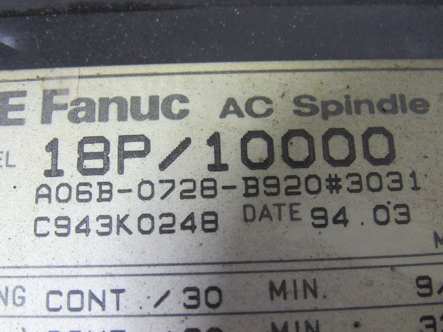 GE Fanuc A06B-0728-B920 #3031 18P/10000 AC Spindle Servo Motor 200V 3Ph 4 Pole