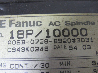 GE Fanuc A06B-0728-B920 #3031 18P/10000 AC Spindle Servo Motor 200V 3Ph 4 Pole