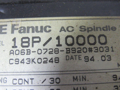 GE Fanuc A06B-0728-B920 #3031 18P/10000 AC Spindle Servo Motor 200V 3Ph 4 Pole