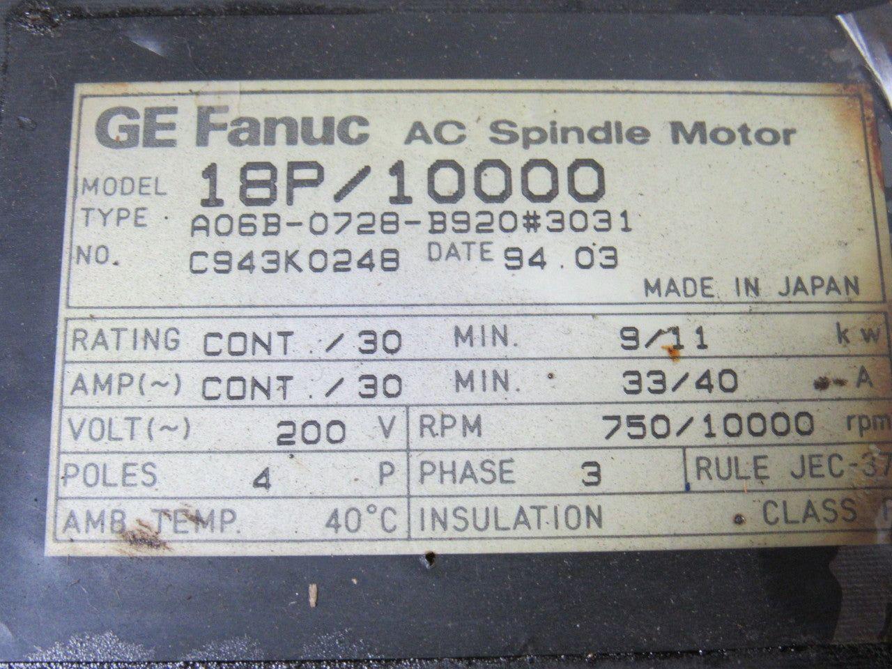 GE Fanuc A06B-0728-B920 #3031 18P/10000 AC Spindle Servo Motor 200V 3Ph 4 Pole