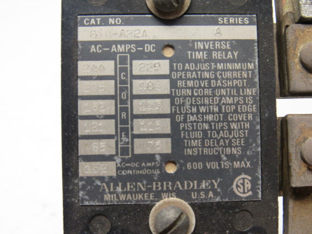A-B Allen Bradley 810-A22A Series A Inverse Time Relay 162A