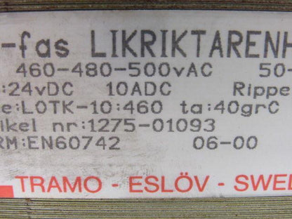 Tramo Type LOTK-10:460 ta:40grc Transformer 460-480-500V Pri 24VDC Sec. 50/60HZ