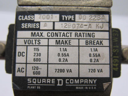 Square D D022 - S4 Class 7001 Series A Pilot Duty Relay 600 V