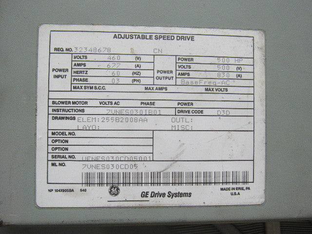 GE 7VNES030CD05 500HP Adjustable Speed AC Drive System In Cabinet 500V 830A