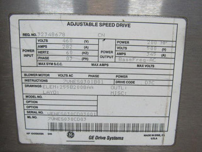 GE 7VES030CD03 200HP Adjustable Speed AC Drive System In Cabinet 500V 345A