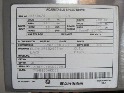 GE 7VNESO30CD02 100HP Adjustable Speed AC Drive System In Cabinet 500V 175A