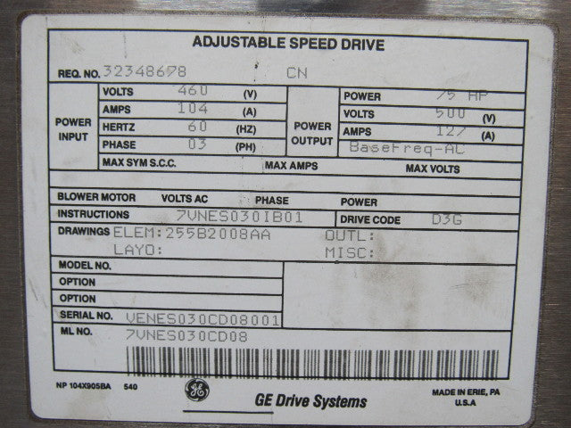 GE 7VNES030CD08 75HP Adjustable Speed AC Drive System In Cabinet 500V 127A
