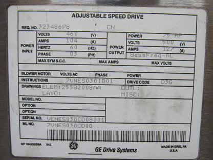 GE 7VNES030CD08 75HP Adjustable Speed AC Drive System In Cabinet 500V 127A