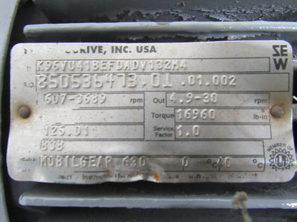 SEW-EURODRIVE K96VU41BEFDADV132M4 Variable Speed Drive 4.9-30RPM 460V 3ph