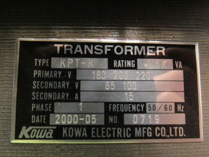 Kowa KPT-K Transformer 180-200-220V Pri. 65/100V Sec. 1.5KVA 50/60Hz 1 Ph