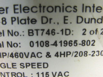 Power Electronics Intl BT746-1D Single Speed Soft Start Reduced Torque Control