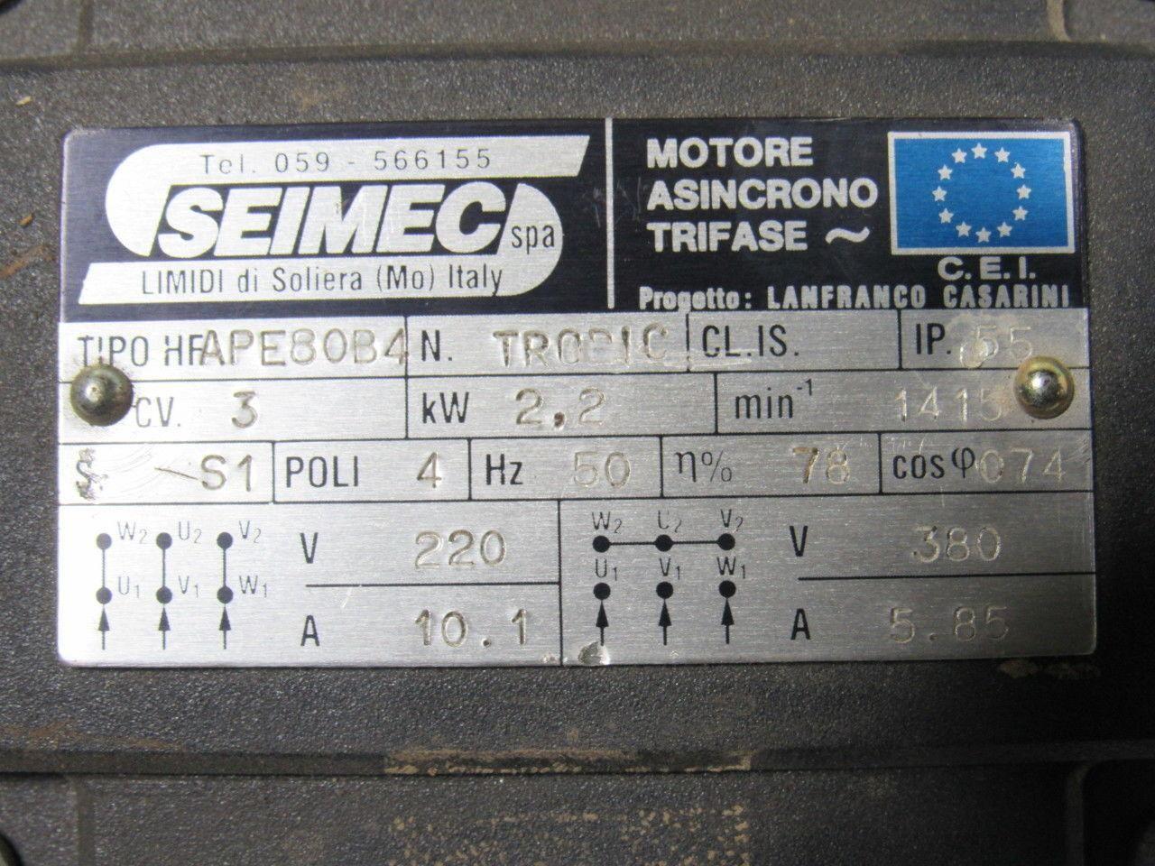 Seimec HFAPE80B4 2.2KW 3 Ph 230/380V Electric Motor 1450RPM