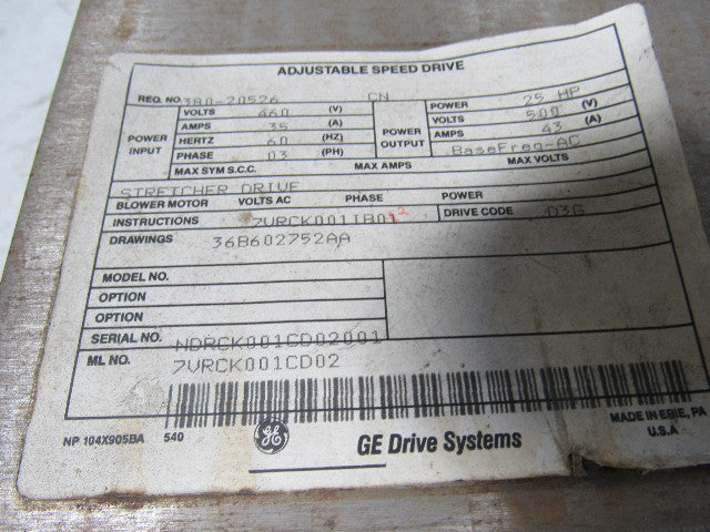 GE General Electric 7VRCK001CD02 Adjustable Speed Drive 25Hp 500V 43A