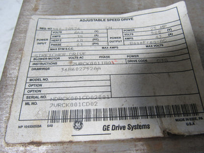 GE General Electric 7VRCK001CD02 Adjustable Speed Drive 25Hp 500V 43A