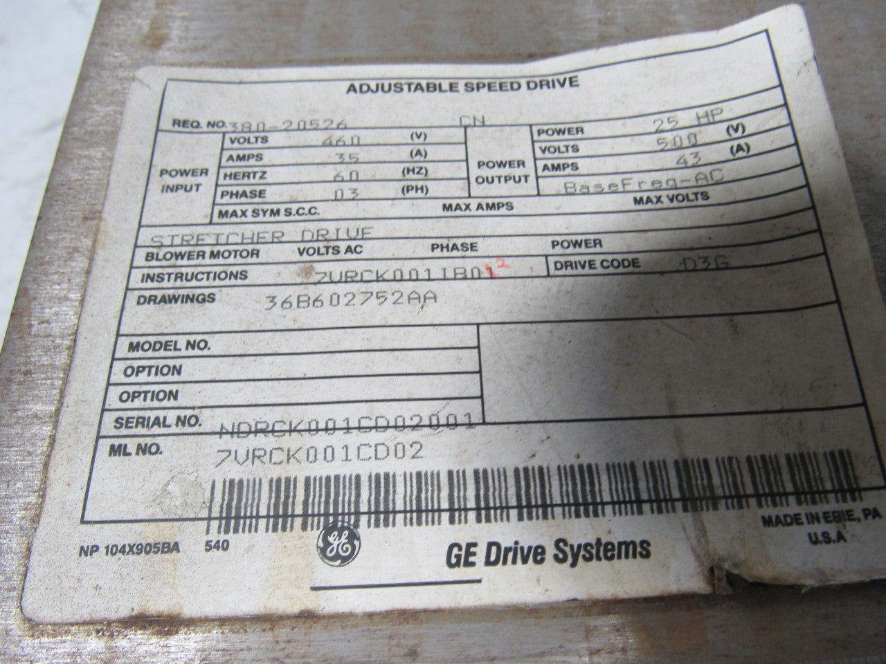 GE General Electric 7VRCK001CD02 Adjustable Speed Drive 25Hp 500V 43A