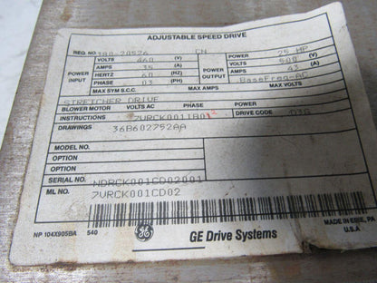 GE General Electric 7VRCK001CD02 Adjustable Speed Drive 25Hp 500V 43A