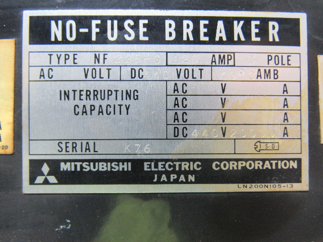 Mitsubishi Electric NF225-G 120 Amp 3 Pole Circuit Breaker W/Auxiliary Switch