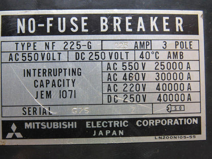 Mitsubishi Electric NF225-G 225 Amp 3 Pole Circuit Breaker W/Auxiliary Switch