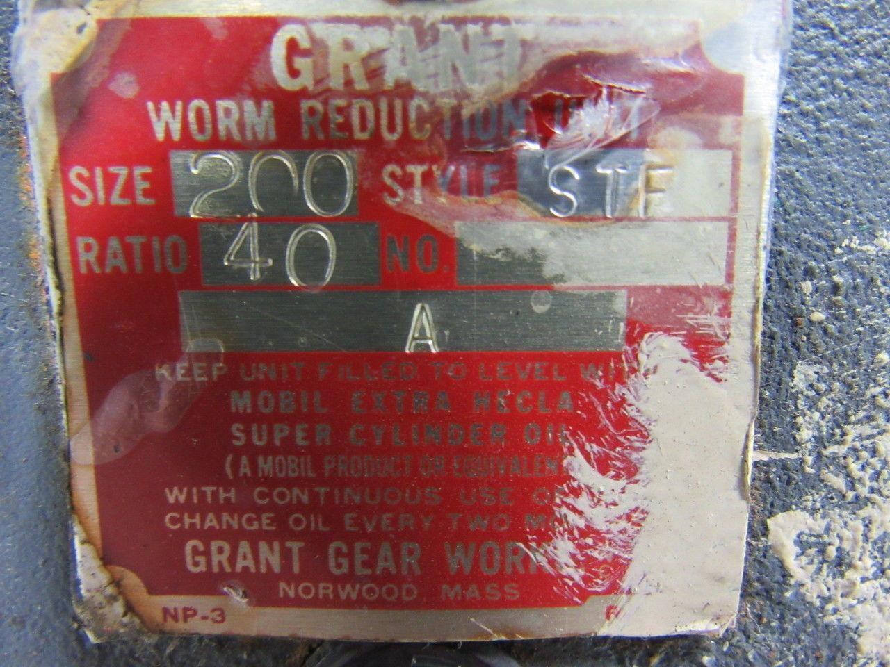Grant Size 200 Style STF 40:1 Speed Reducer Worm Gear 1/2Hp 90VDC