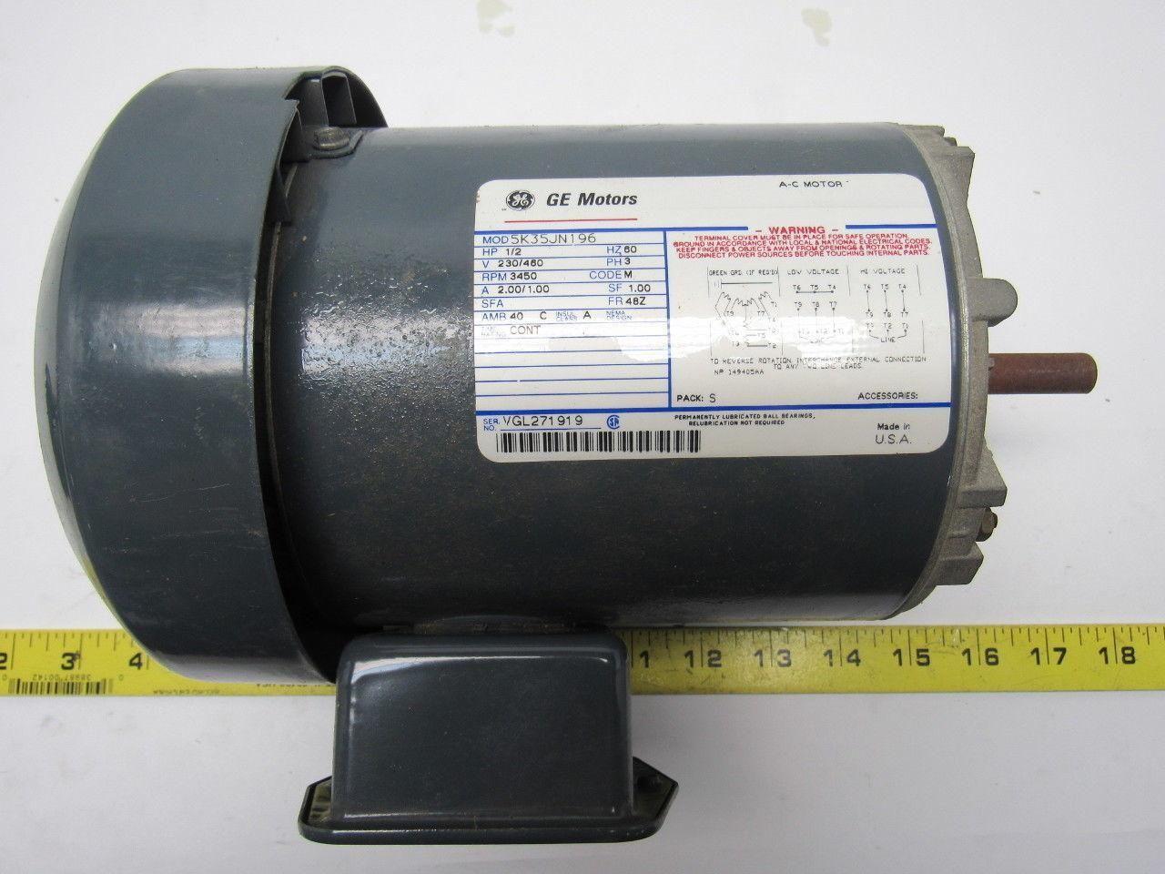 GE General Electric 5K35JN196 1/2Hp Electric Motor 230/460V 3Ph 3450 RPM 48Z FR