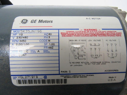 GE General Electric 5K35JN196 1/2Hp Electric Motor 230/460V 3Ph 3450 RPM 48Z FR