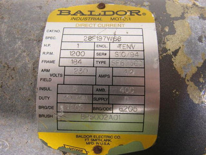 Baldor 1Hp DC Electric Motor 230VDC 182 Frame 1200 RPM