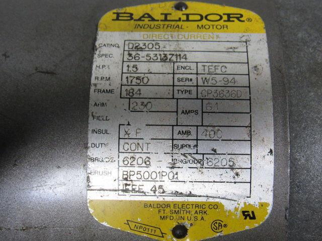 Baldor D2305 1-1/2Hp DC Electric Motor 230VDC 184 Frame 1750 RPM
