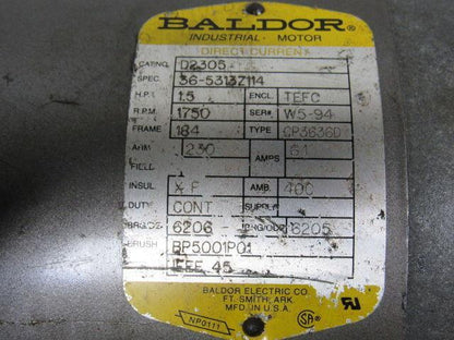 Baldor D2305 1-1/2Hp DC Electric Motor 230VDC 184 Frame 1750 RPM