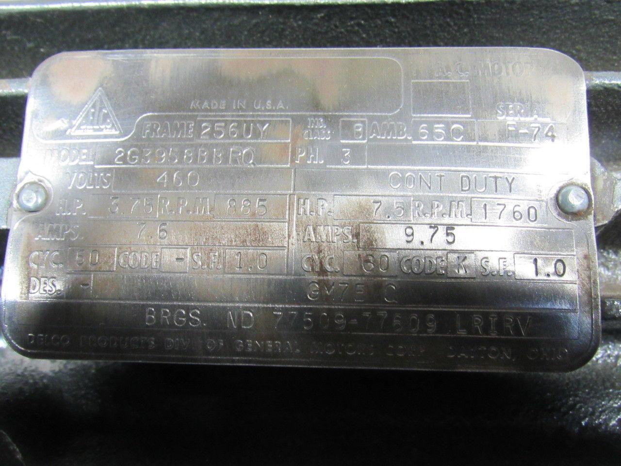 DELCO STEARNS 2G3958BBRQ 3-3/4 & 7-1/2 HP 2 Speed Electric Motor 885&1760RPM