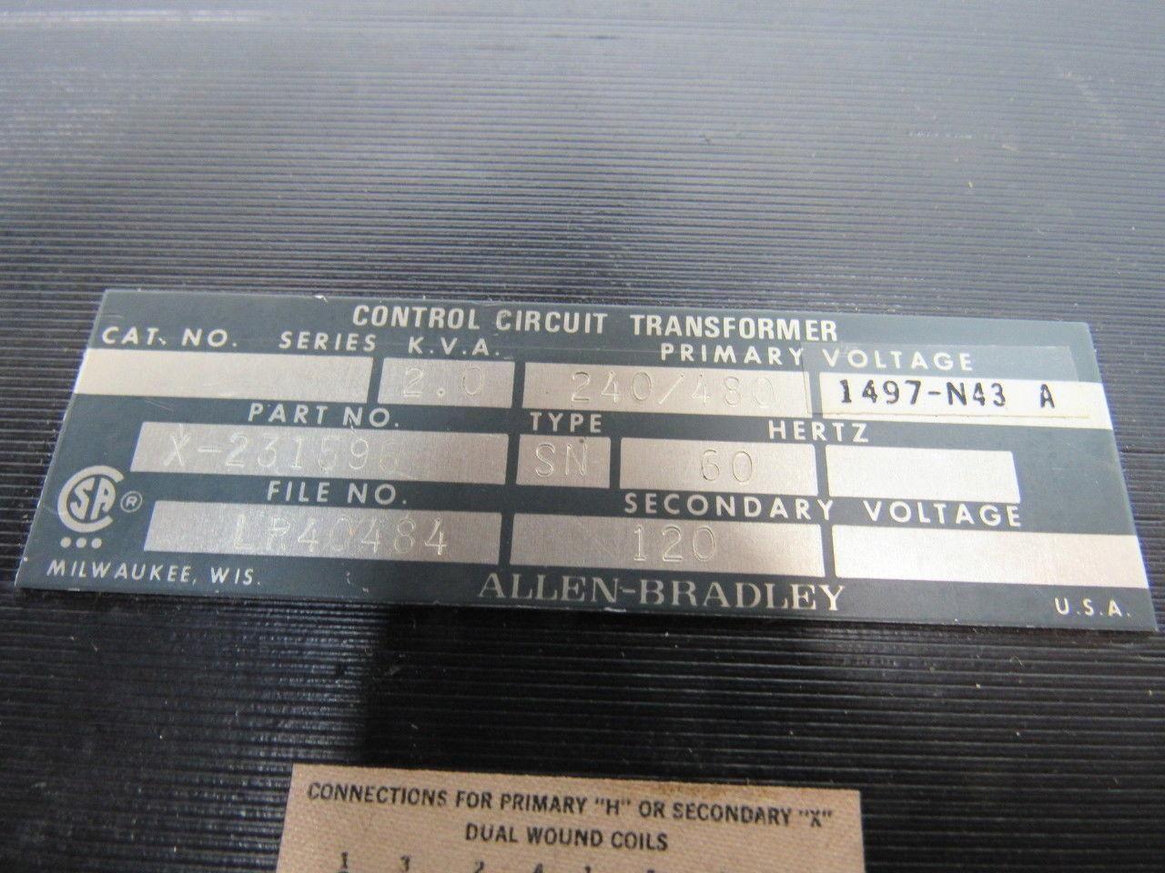A-B Allen Bradley X-231596 Control Transformer 2KVA 240/480 Pri 120 Sec. 1 Ph