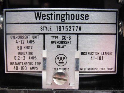 Westinghouse Style 1875277A Type C0-8 Over Load Relay Instantaneous 40-160A