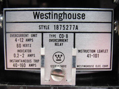 Westinghouse Style 1875277A Type C0-8 Over Load Relay Instantaneous 40-160A