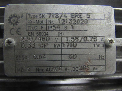 Nord Drive Systems 1282AFB-71S/4 BRE5 46.19:1 Ratio 1/3Hp Gear Speed Reducer