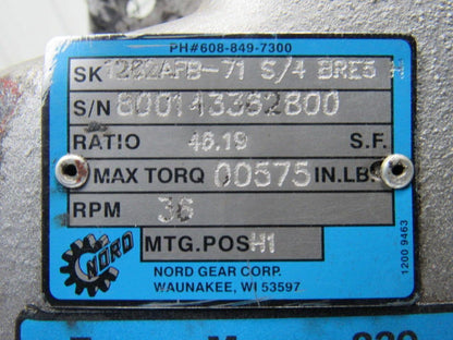 Nord Drive Systems 1282AFB-71S/4 BRE5 46.19:1 Ratio 1/3Hp Gear Speed Reducer